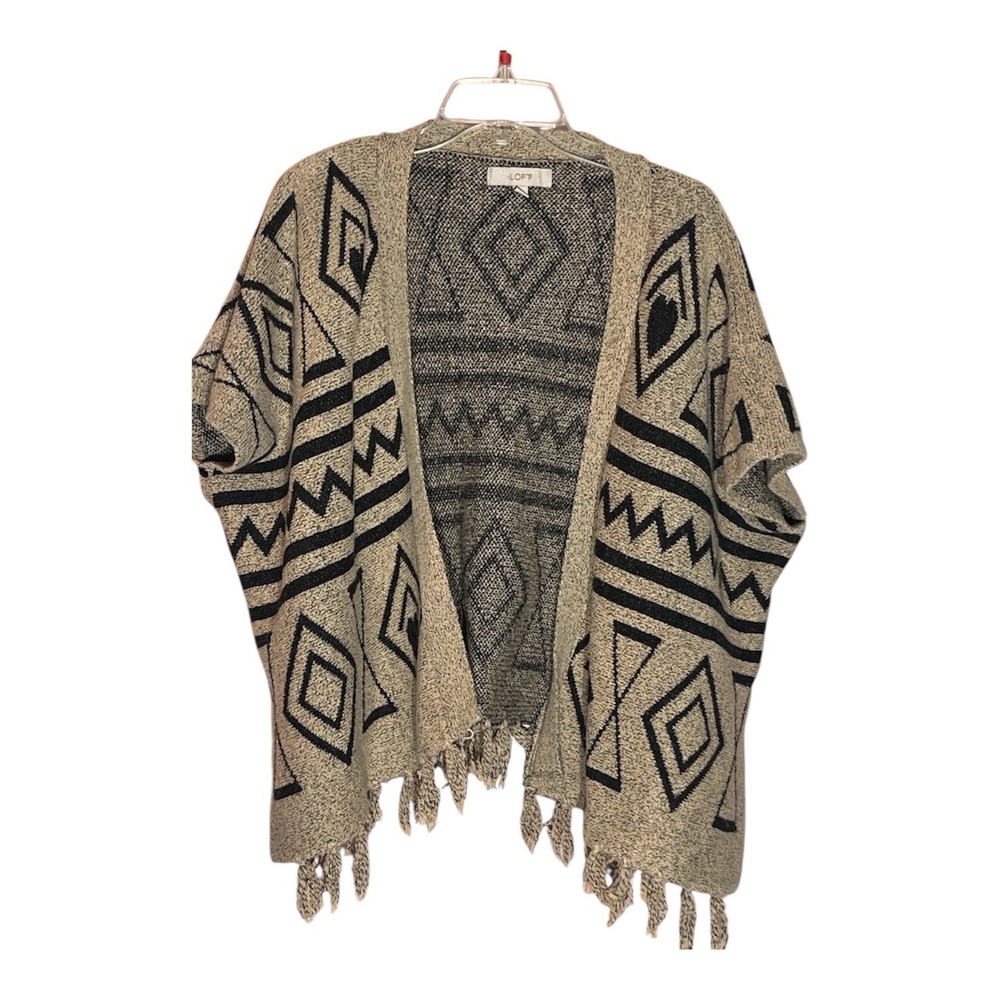 Ann Taylor Loft Sz M Women Open Fringe‎ Poncho Cardigan Sweater Aztec Wool Blend
